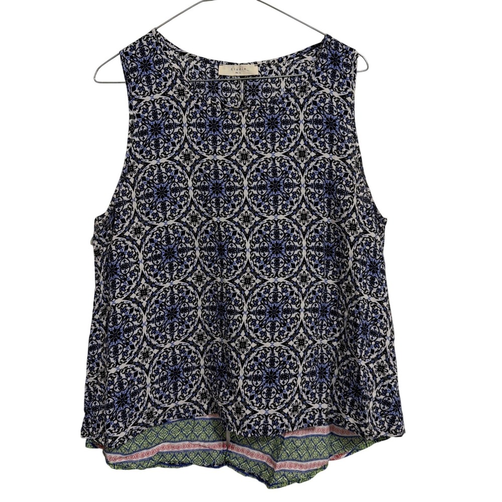 Elodie Womens Blue Geometric Medallion Split Back‎ Sleeveless Top Large